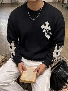 DAZY Men's Letter Pattern Casual Daily Long Sleeve Sweater - Black - View 5