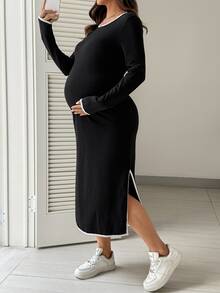 SHEIN Maternity Fitted Casual Dress With Trimmed Round Neck, Long Sleeves And Side Slit Hem - Black - View 6
