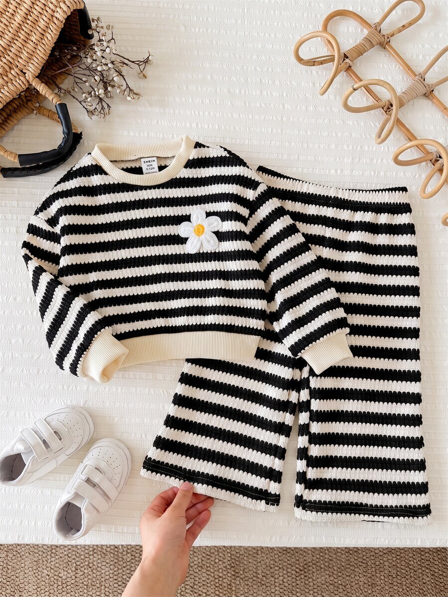 LMoss Kids 女童幼兒休閒條紋圓領長袖衛衣褲子2件套 - 黑色 - 查看 1