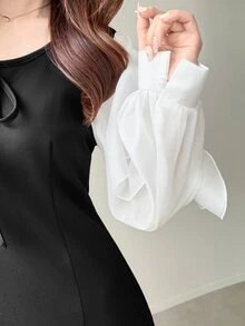 FRIFUL Women's Colorblock Patchwork Ruffle Long Sleeve Front Tie Elegant Dress - Black - View 8