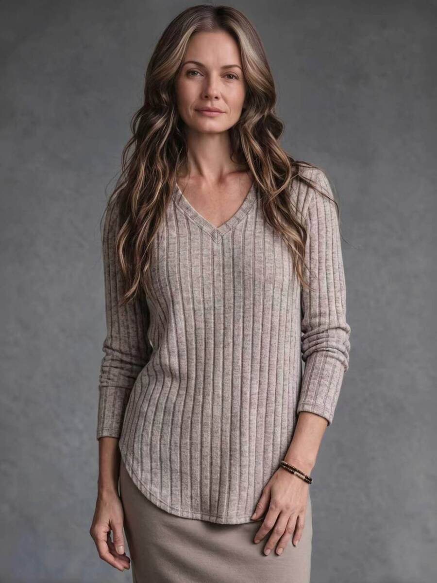 SHEIN Middle-Aged Women Minimalist Solid Color Ribbed Pink V-Neck Long Sleeve Top - Baby Pink - View 1