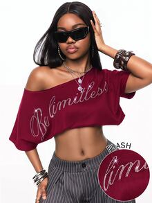 Vadaroq Women's Asymmetrical Shoulder Letter Rhinestone Casual Everyday T-Shirt - Burgundy - View 5