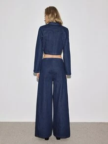 ATUI Studio Women's Shirt Collar Frog Button Short Long Sleeve Top With Casual Wide Leg Long Pants Denim Set - Dark Wash - View 2