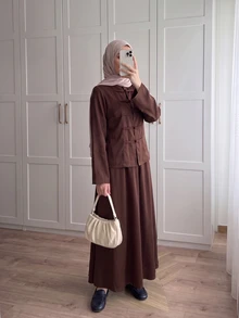 Celisse Women's 2 Pieces Set With Vintage Fashion Frog Button Front Long Sleeve Cardigan Shacket And High-End Skirt - Brown - View 5