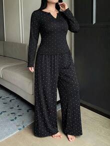 Dazy Plus Fashion Polka Dot Casual Minimalist Long Sleeve Top & Pants 2-Piece Set Loungewear Pajama Set - Black - View 8