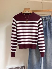 Muvela Striped Pattern Ribbed Knit Sweater,Long Sleeve Tops,Knitted Sweater In Fall/Winter Casual Burgundy/Wine - Burgundy - View 4