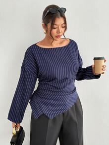 Firerie Kemeja Pullover Lengan Panjang Bergaris Biru & Putih Ukuran Plus dengan Lipatan Pinggang Leher Perahu untuk Musim Gugur/Dingin/Pakaian Kerja - Blue and White - View 3