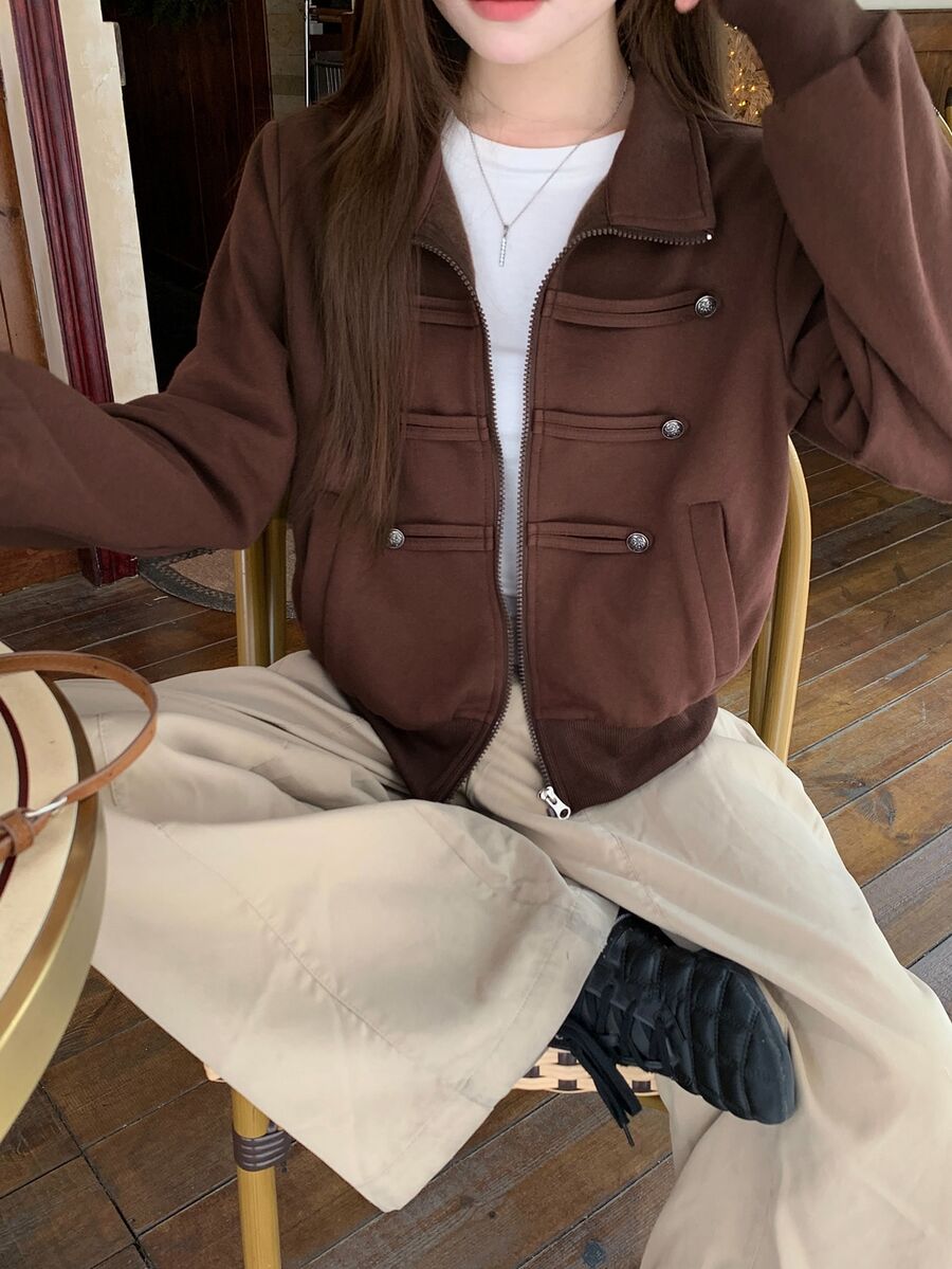 DAZY Women's Zipper Pocket Button Long Sleeve Knit Top - Brown - View 1