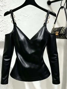 Franclia Women's Solid Color PU Leather Cold Shoulder Long Sleeve Fashion Top - Black - View 2