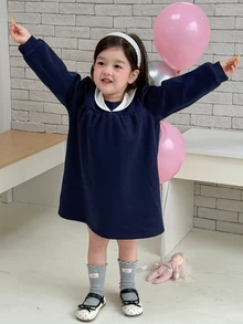DAZY Baby Girl Long Sleeve Colorblock Collar Loose Casual Dress - Navy Blue - View 5