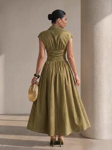 SHEIN PETITE Elegant Long Dress With Shirt Collar, Striped Print, Cinched Waist And Flared Hem - Army Green - View 2