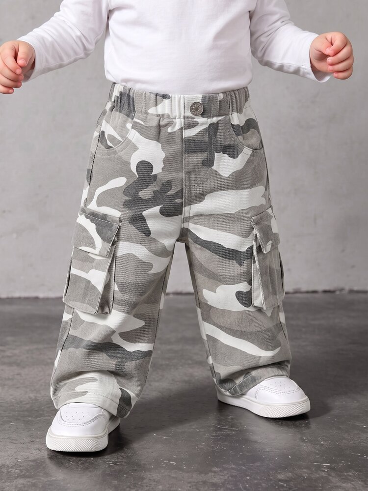 Baby Girls Full Elastic Waist Y2K Street Style Cool Baby Girl Camouflage Cargo Denim Jeans - Light Grey - View 4
