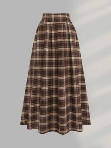 Sweetra CURVE 大尺碼高腰百褶休閒 1950 年代復古純色日常棕色長裙 女款套裝 感恩節 畢業季 度假 冬季 - 咖啡棕 - 查看 4