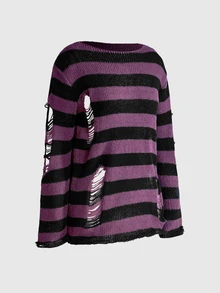 ROMWE Goth Women's Striped Casual Daily Long Sleeve Sweater - Purple - View 5