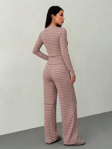 SHEIN PETITE 2件組女款休閒條紋前開扣長袖上衣與寬腿長褲套裝，春夏款 - 粉色 - 查看 2