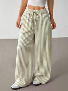 SHEIN PETITE Women's Striped Drawstring Waist Casual Daily Long Pants - Mint Green - View 5