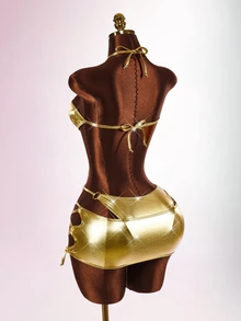 Amplova Women's Gold 2 Pieces Swimsuit Set With Tassel Mini Skirt, One-Piece Cutout Backless Sexy Metallic Swimwear - Gold - View 10