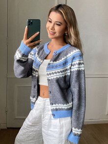 Livesso Cardigan de punto de cable con botones, cuello redondo, manga larga, ajuste ceñido y acanalado, color gris azulado, para mujer, otoño/uso diario casual escolar - Gris - Ver 5