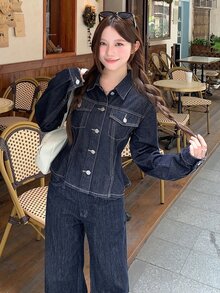 DAZY Women's Long Sleeve Single-Breasted Casual Denim Jacket - Blue - View 8