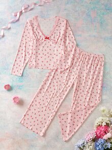 Elorette Plus Size Women's Cherry Print Bow Decor Long Sleeve Top And Pants Pajama Set - White - View 1
