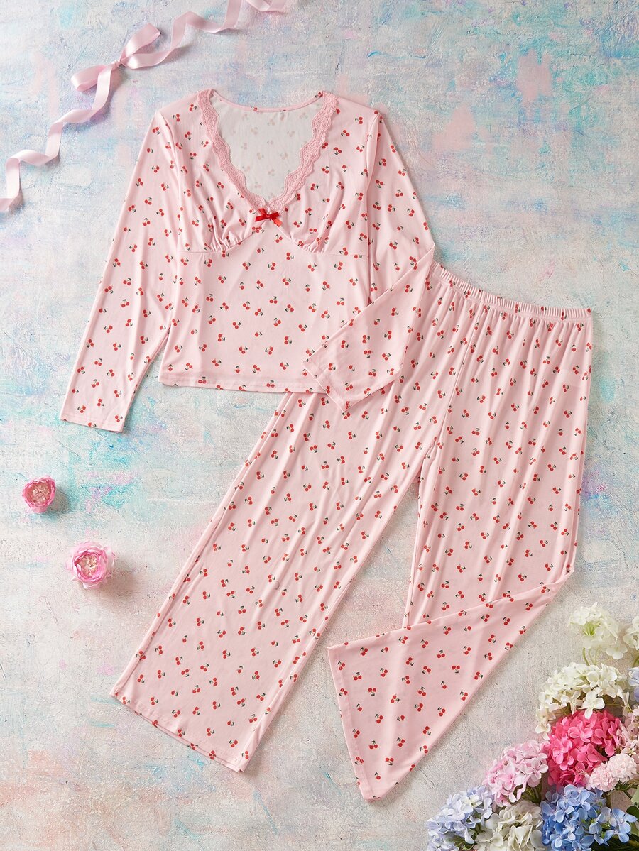Elorette Plus Size Women's Cherry Print Bow Decor Long Sleeve Top And Pants Pajama Set - White - View 1