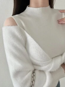 FRIFUL Sweater Wanita Serbaguna dan Manis dengan Model Bahu Terbuka dan Simpul Depan yang Mengkerut - Krem - View 4