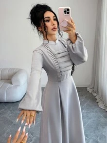 Yasmyna Women's Elegant Double-Breasted Long Sleeve Arabian Dress - Grey - View 1
