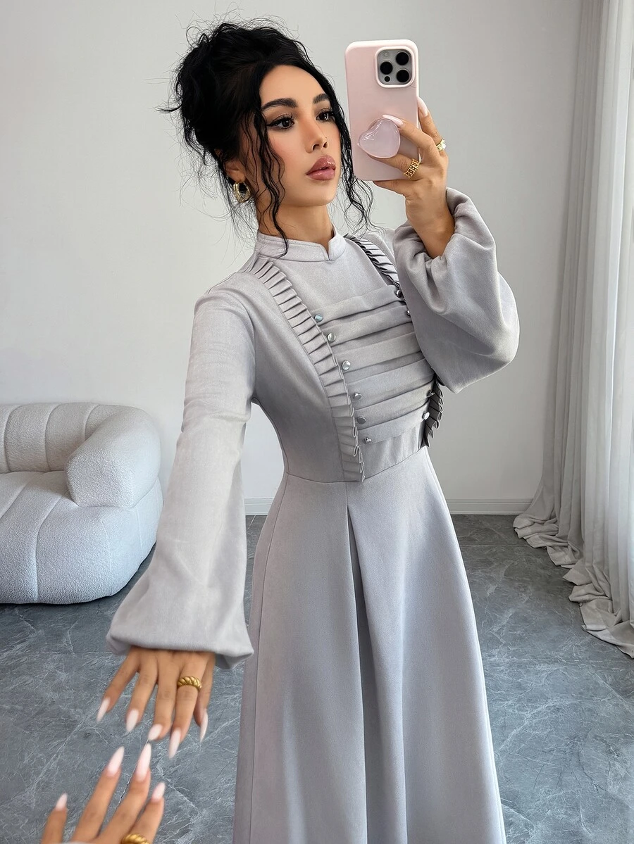 Yasmyna Women's Elegant Double-Breasted Long Sleeve Arabian Dress - Grey - View 1