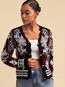 Travachic 2026 Autumn/Winter Totem Long Sleeve Single-Breasted Casual Knit Cardigan - Multicolor - View 6