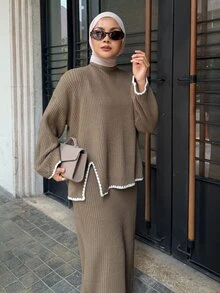 DAZY 女款對比色長袖上衣與裙子針織兩件套 冬季 - 杏色 - 查看 4