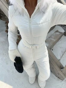 Muchica 女款新款冬季白色絎縫保暖內裡連帽連身褲，適合戶外滑雪 - 白色 - 查看 5