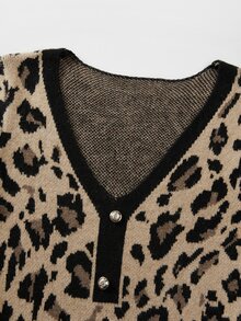 SHEIN Women Leopard Print V‑Neck Knit Mini Dress, Contrast Trim Button Detail Long Sleeve Bodycon Sweater - Multicolor - View 8