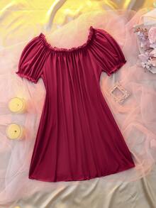 DelicateAllure Women's Solid Color Round Neck Lace Patchwork Fashionable Home Sleep Dress - Burgundy - View 2