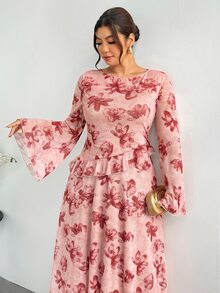 Firerie Vestido elegante con estampado floral y ribete de volantes para tallas grandes - Rosa - Ver 3
