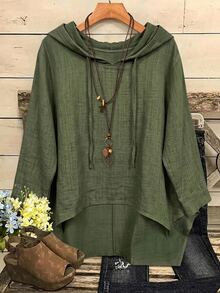 EMERY ROSE Plus Size Women's Lolicis Hooded Drawstring Long Sleeve Asymmetrical Hem Blouse Loose Casual Artistic Style Pullover Hoodie Fall - Army Green - View 1