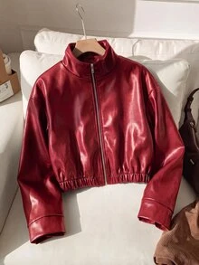 SHEIN 青少年女孩純色PU皮革拉鍊休閒百搭日常長袖夾克 - 紅色 - 查看 8