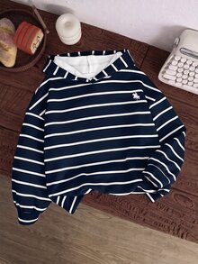 SHEIN 青少年女孩秋冬新款藍白條紋寬鬆運動衫 - 藏蓝色 - 查看 5