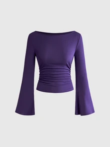 ROMWE Goth Sexy Boat Neck Bell Sleeve Basic Solid Color Fitted Women's T-Shirt - Purple - View 1