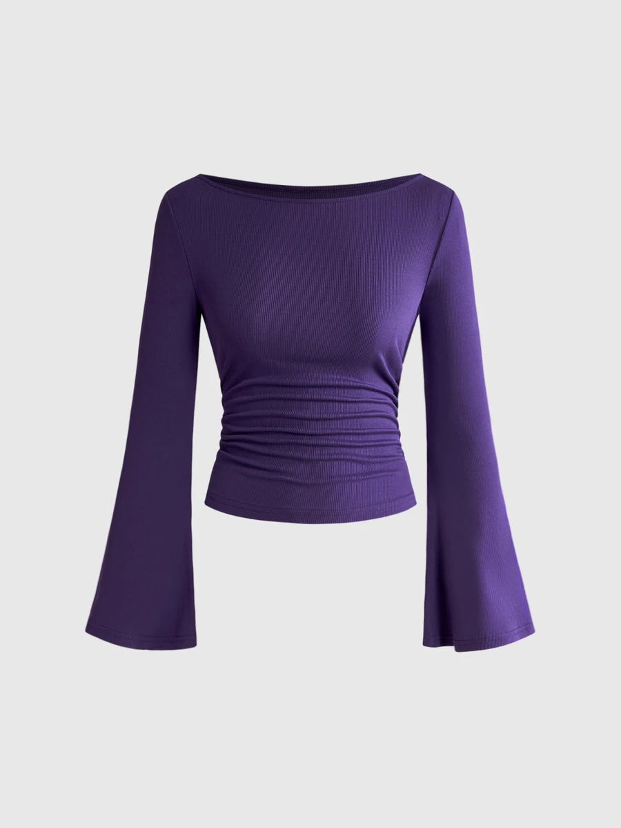ROMWE Goth Sexy Boat Neck Bell Sleeve Basic Solid Color Fitted Women's T-Shirt - Purple - View 1