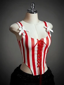 SHEIN ICON Tank Top Wanita Seksi Bergaris Warna Blok dengan Tali Pengikat - MultiWarna - View 4