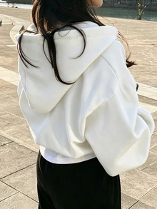 INAWLY 女款寬鬆連帽口袋休閒運動外套 秋冬女裝 - 白色 - 查看 2
