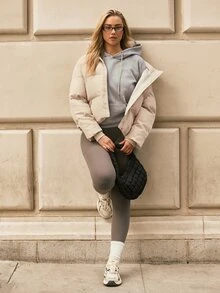 Voyena Women's Plus Size Solid Color Long Sleeve Zipper Front Sports Winter Jacket - Khaki - View 6
