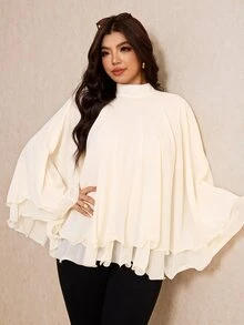 Elaquor Plus Size Women's Solid Color Stand Collar Ruffle Elegant Cape Blouse - Beige - View 6