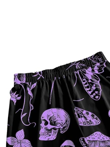 ROMWE Goth 神秘女巫哥德宮廷暗黑骷髏蛾植物蝴蝶結蘑菇葉片大尺碼全印花寬鬆寬腿褲 - 黑色 - 查看 3