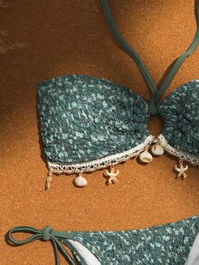 Swim Vcay Halloween Women's Sexy Tropical Fall/Summer Halter Pattern Bikini Set Crochet Ribbon Shell Decor Drawstring Vacation Skirt Beach Date Night Outfit - Multicolor - View 4