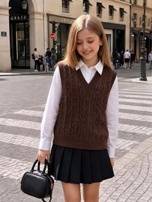 SHEIN 青少年女孩麻花編織V領針織背心，柔軟舒適無袖學院風，保暖層搭上衣，適合男孩與女孩，柔軟舒適套頭衫 - 棕色 - 查看 1