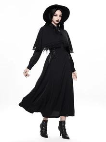 ROMWE Autumn/Winter Dark Gothic Halloween Lace Trim Vintage Elegant Waist-Cinched Maxi Dress - Black - View 1