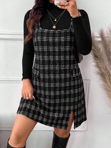 SHEIN Frenchy طقم من قطعتين مقاس كبير بتصميم بسيط، ملابس علوية بأكمام طويلة وفستان بنقشة كاروهات مع فتحة عند الحافة، للخريف - متعدد الألوان - مشاهدة 7