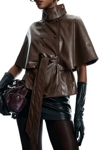 LYSMO Women's Solid Color PU Leather Fashion Versatile Daily Casual Jacket - Brown - View 1