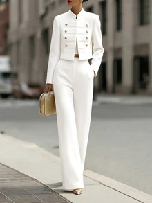Balvessa Women's Elegant Double-Breasted Long Sleeve Jacket And Pocket Pants Set - White - View 3